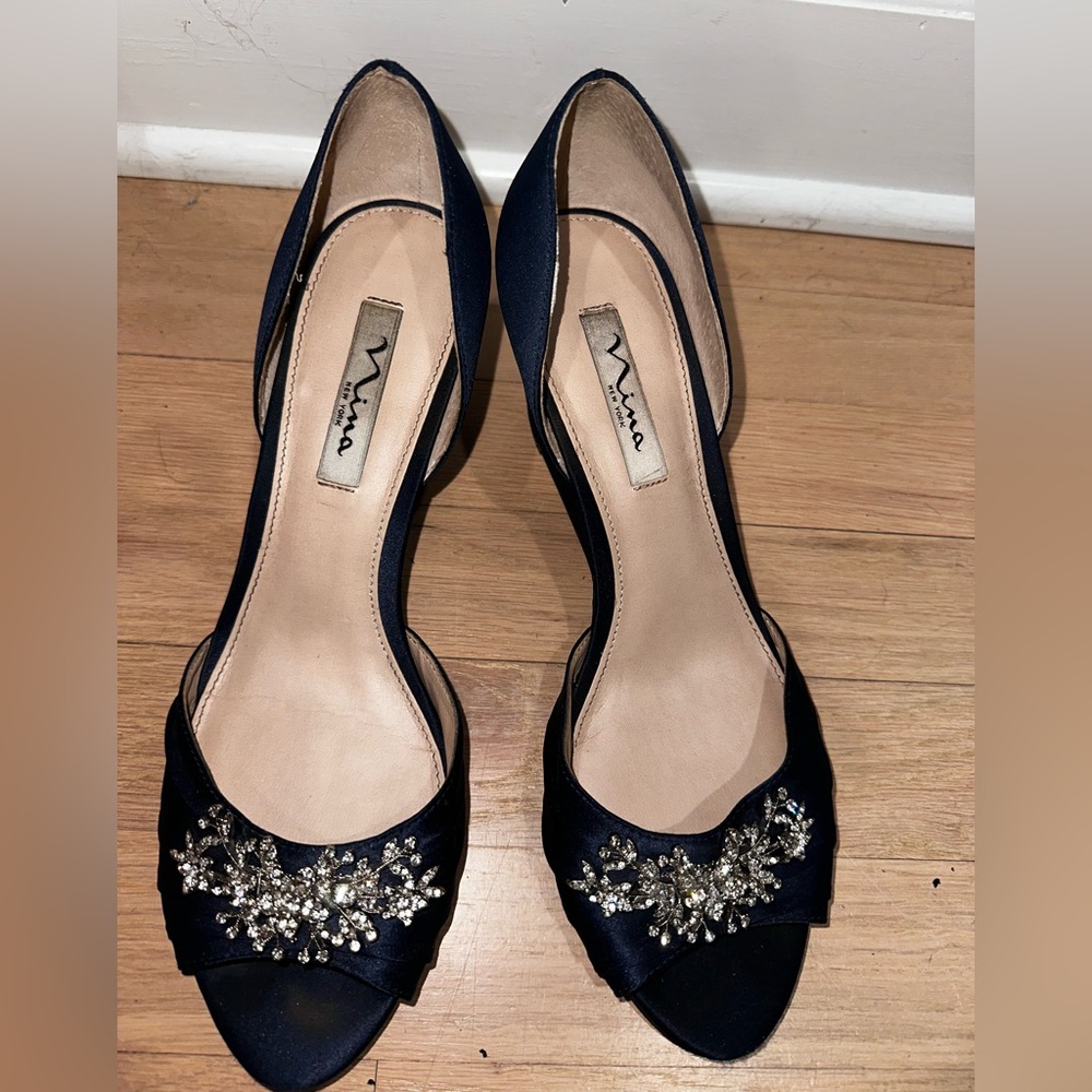 Nina Women's Navy Wedge with rhinestone accents